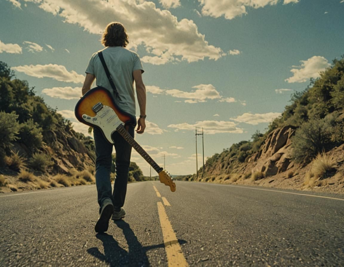 Cinematic Street Scene with Guitar and Atmospheric Lighting