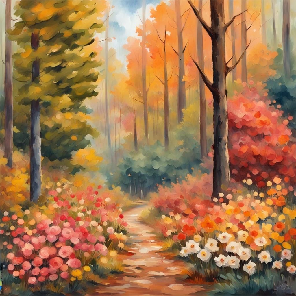 Rainy Autumn Forest in Gouache Watercolor Style