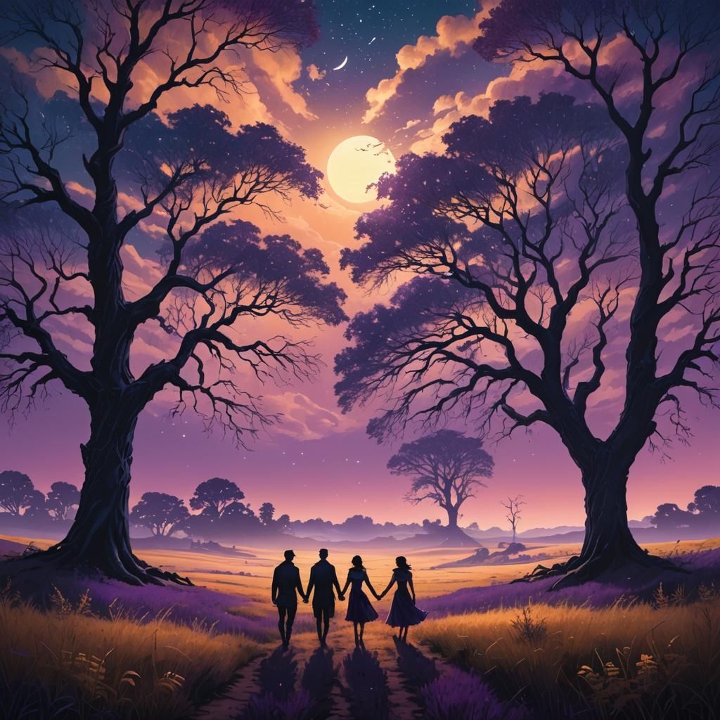 Couple Walks Under Starry Sky: Fantasy Art