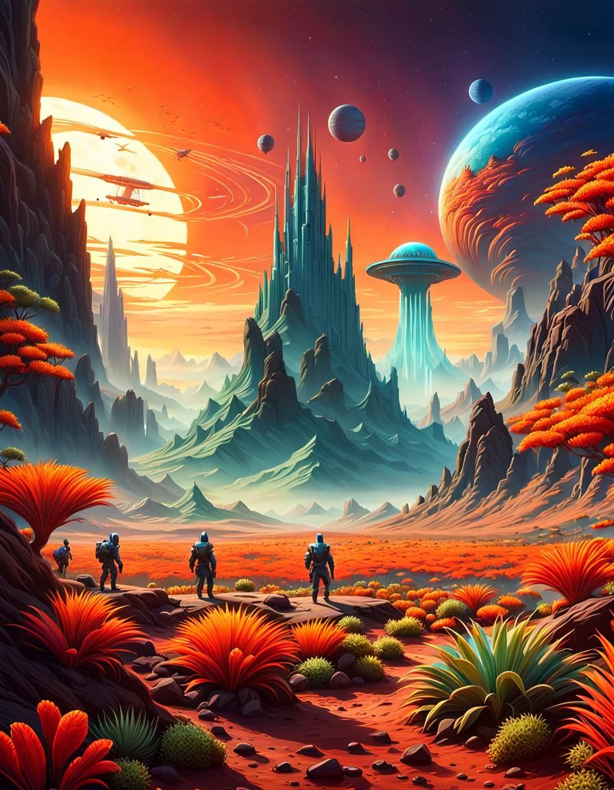 Alien on Exotic Planet in Hyperdetailed Landscape