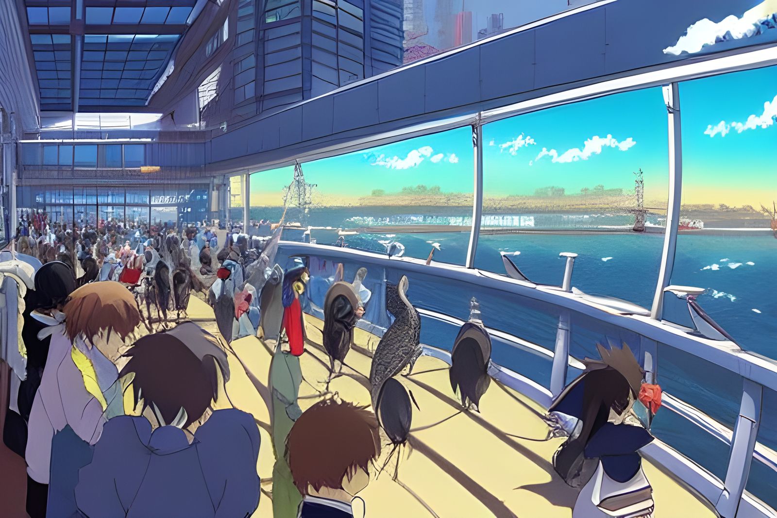 Lively Anime Seaport with Birds and Boats