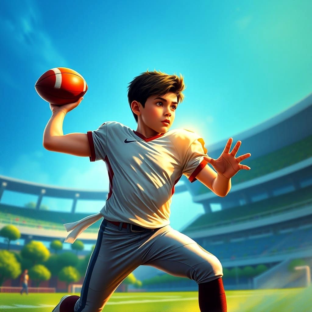 Boy Throws Football in Hyperrealistic Splash Art Style