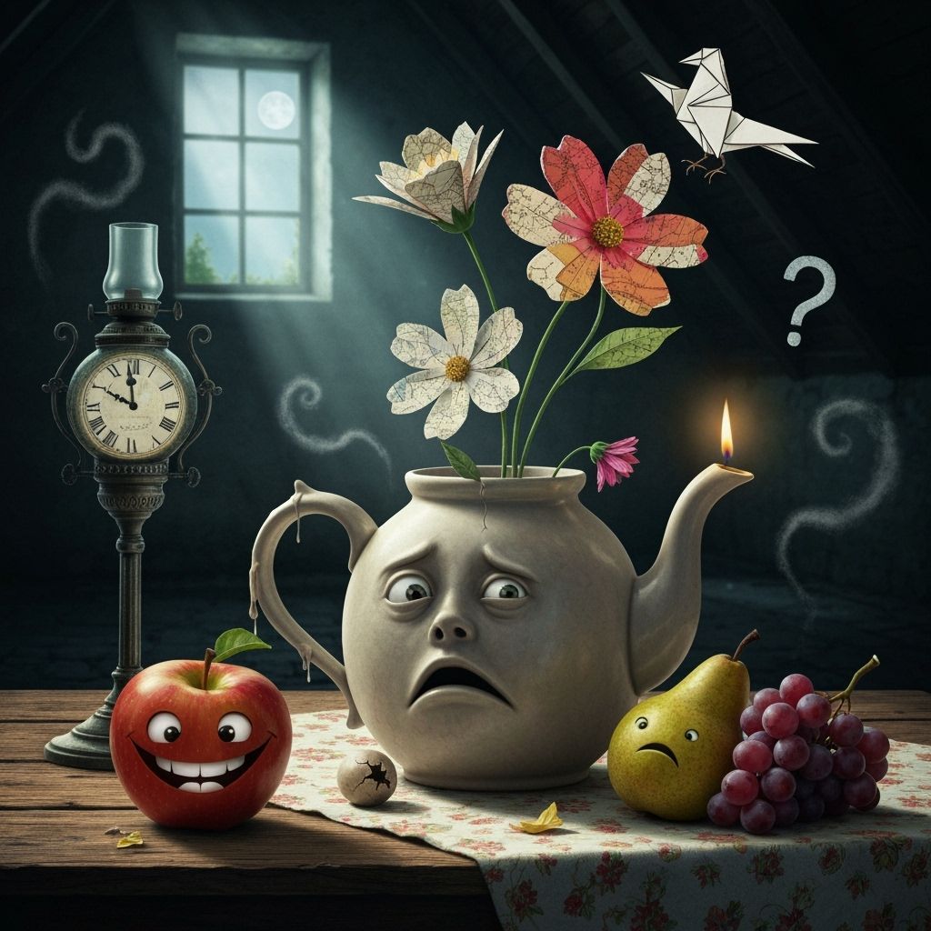 Sad Grandfather Clock in Dusty Attic, Collage Art Style