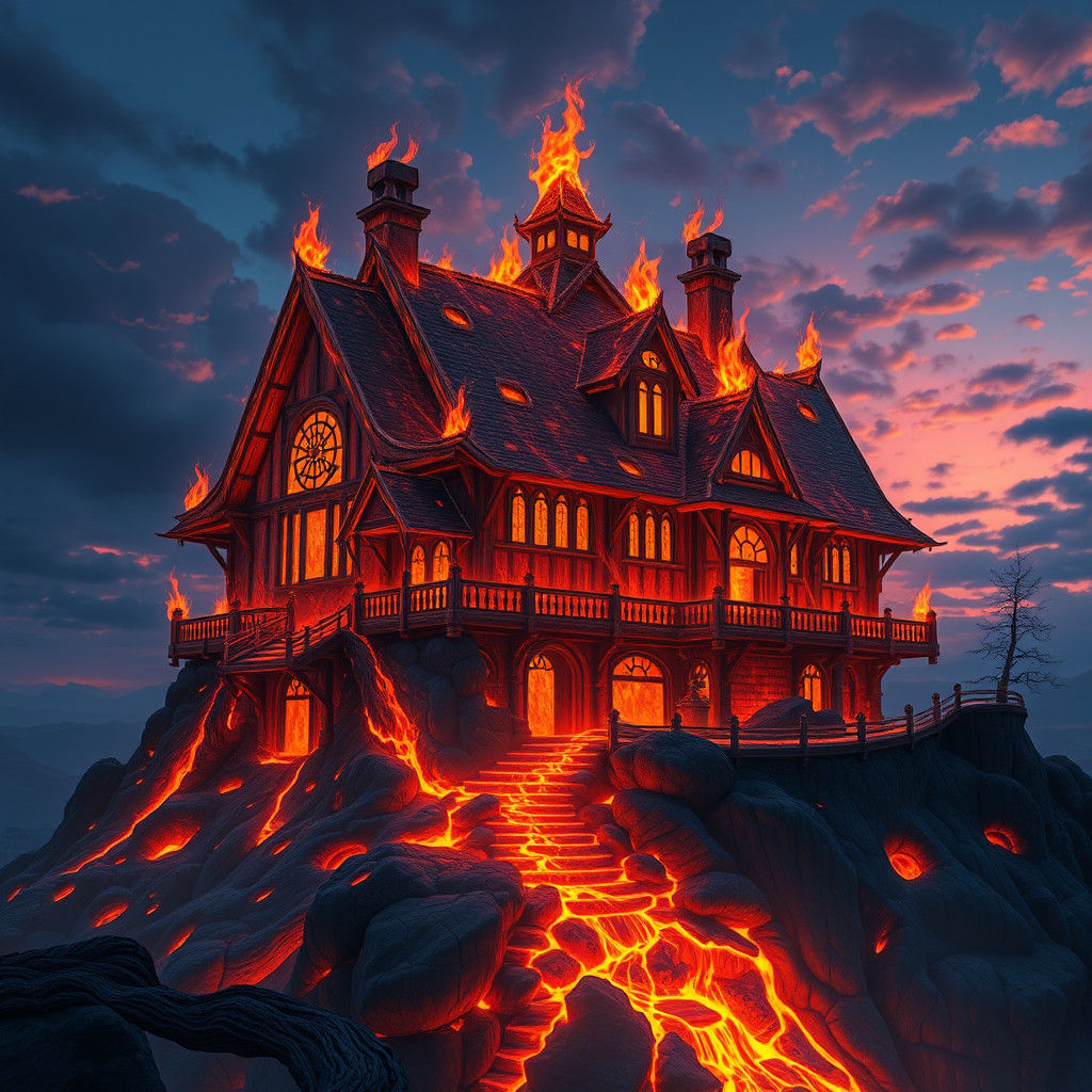 Fiery House in Twilight, Digital Matte Painting