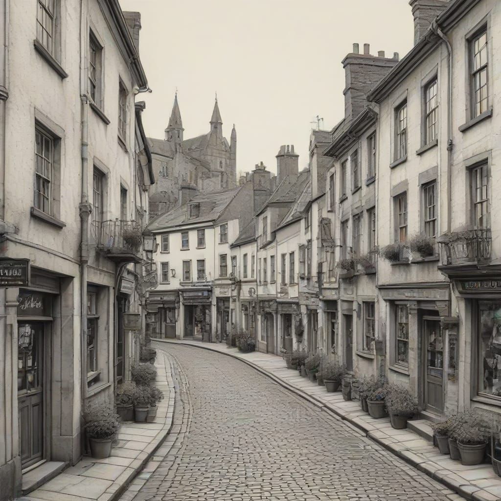 Ennis Ireland Pen and Ink Drawing of Ancient Town