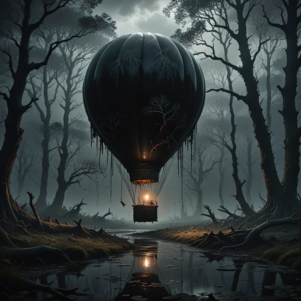 Tattered Balloon Drifting Through Haunted Forest in Gothic S...