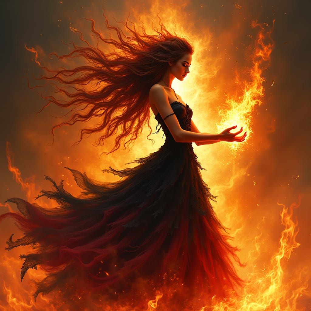 Surreal Goddess of Fire in Swirling Inferno of Flames