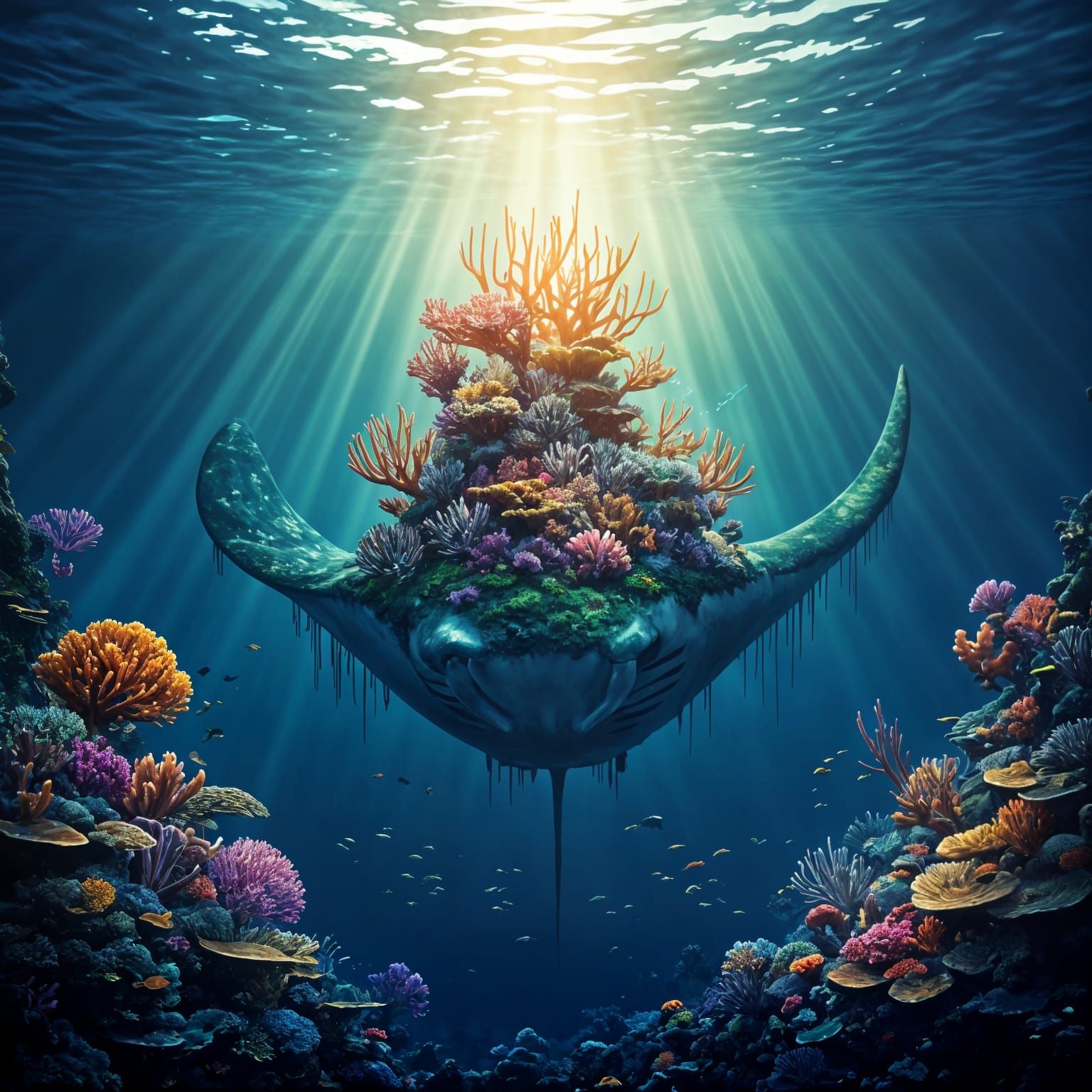Fantasy Island Blooms on a Majestic Manta Ray in Vibrant Col...