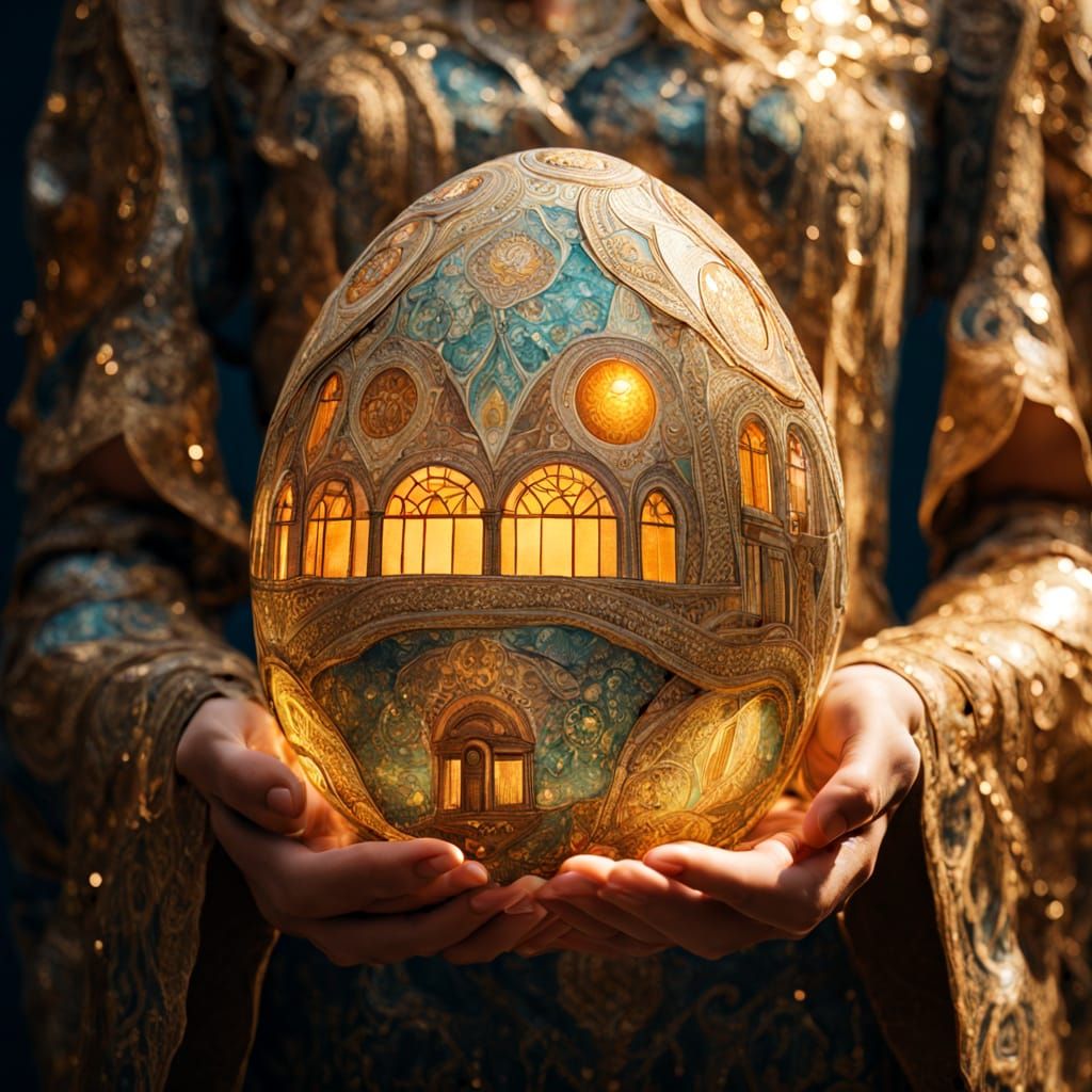 Woman Holds Giant Iridescent Egg in Klimt Style