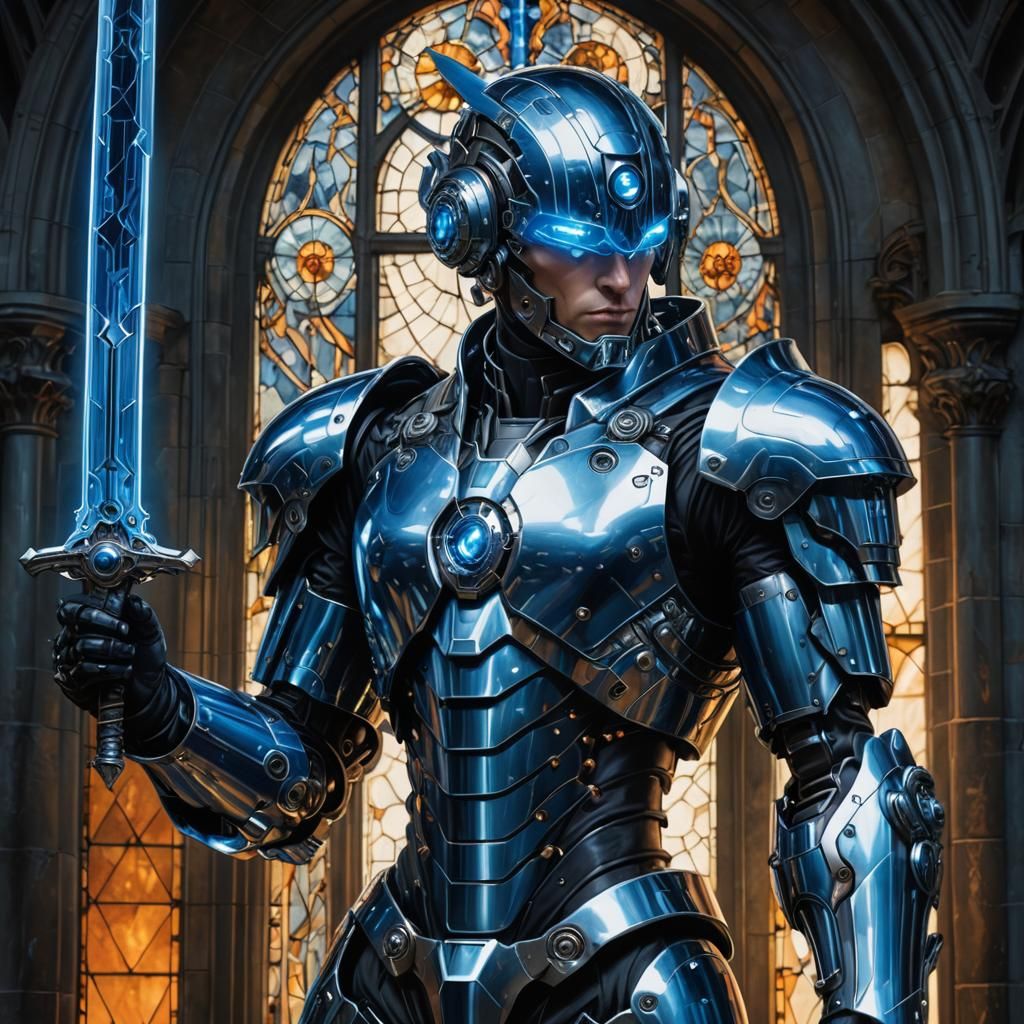 Cyborg Warrior with Glowing Sword in Gothic Style