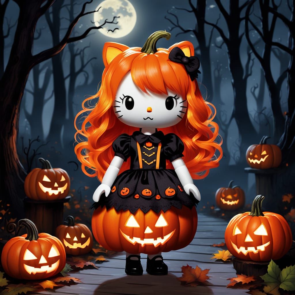 Hello Kitty as a Spooky Jack O'Lantern in Misty Forest