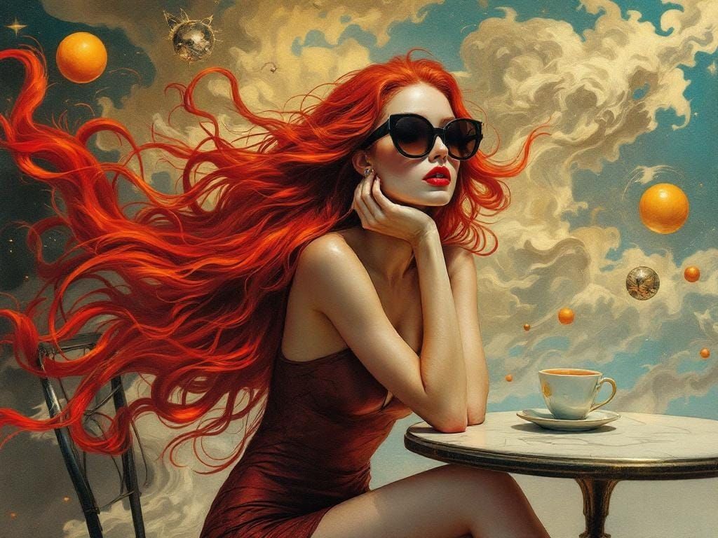 Surreal Dreamscape: Woman with Fiery Hair at Cafe