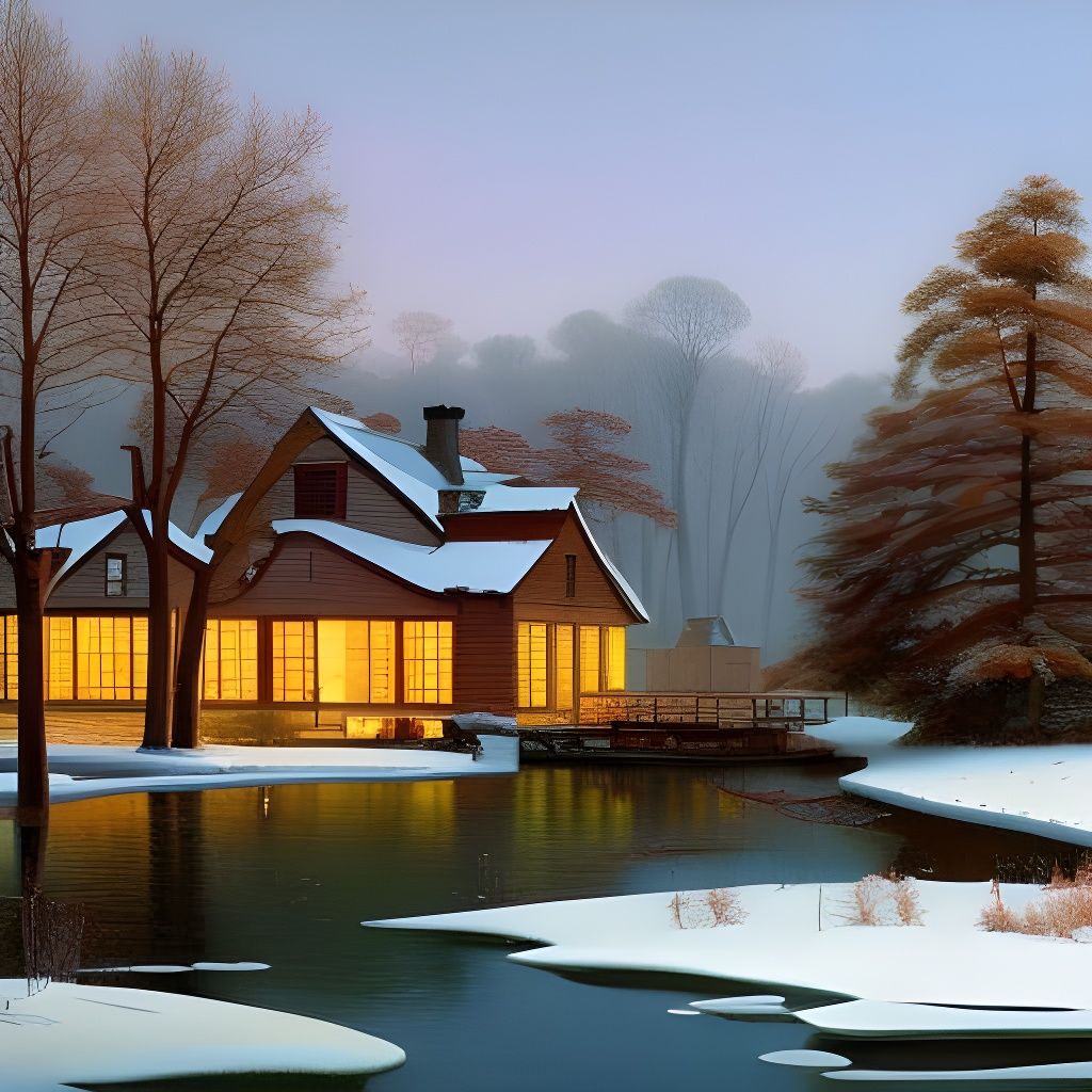 Winter Pond Scene in Romantic Style