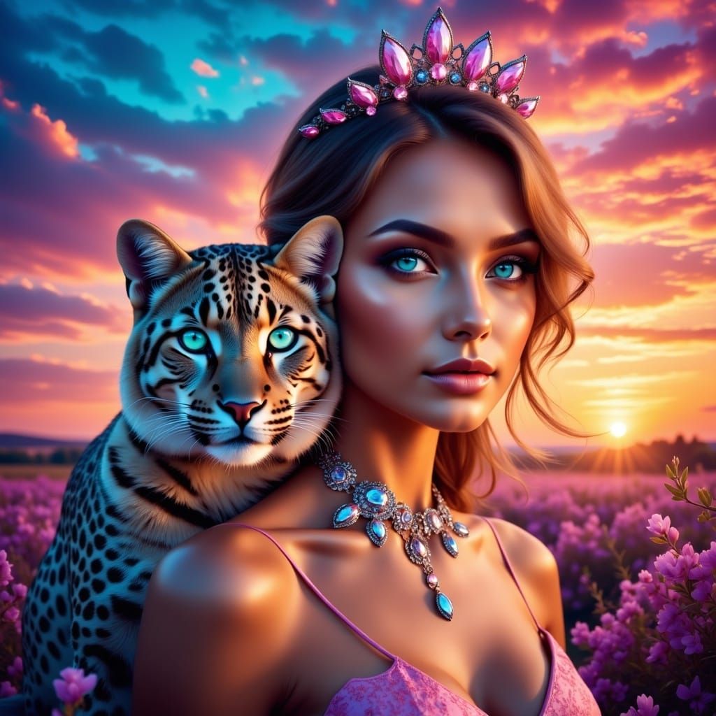 Woman and Animal Portrait with Diamond Leopard Collar