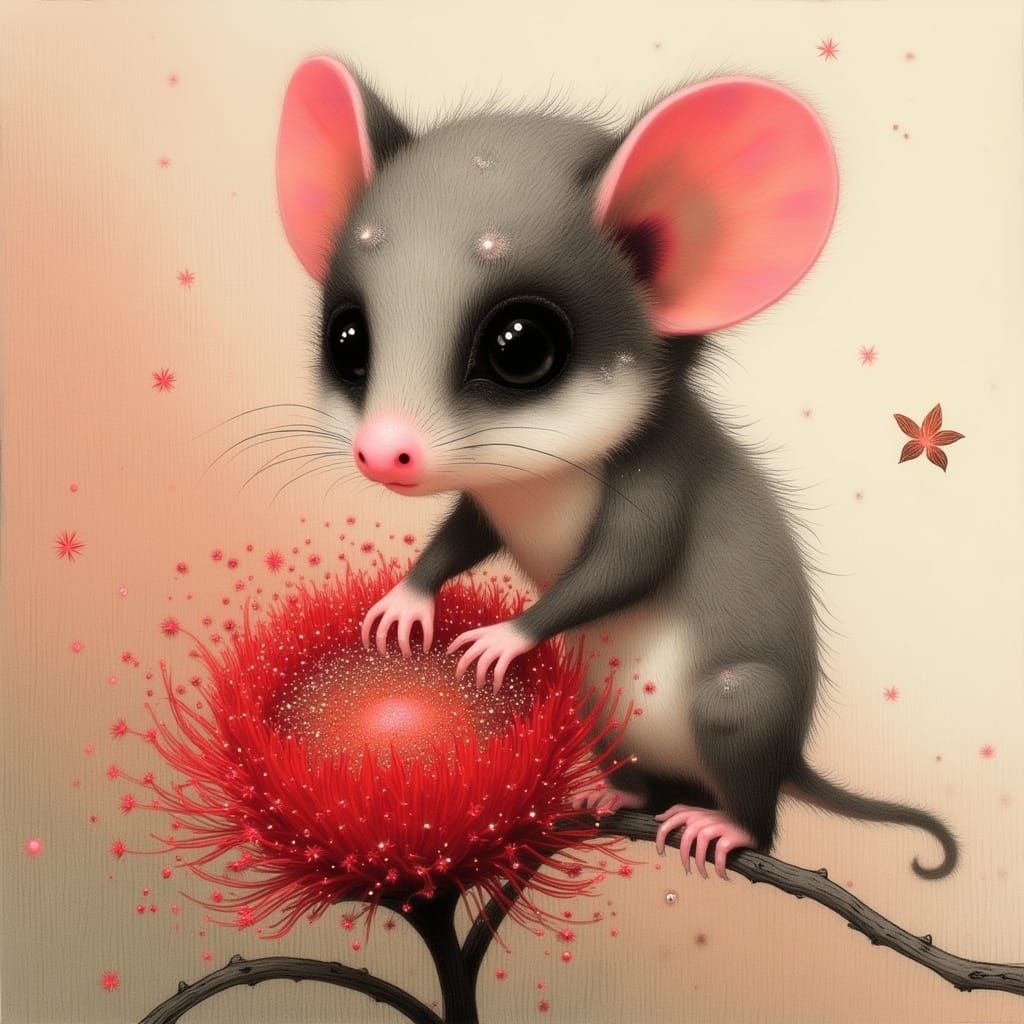 Surreal Gray Pygmy Possum Poses on a Red Bottlebrush in Anim...