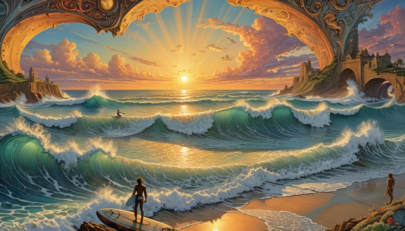 Surreal Sunset Scene with Surfers and Marvel Comic Elements