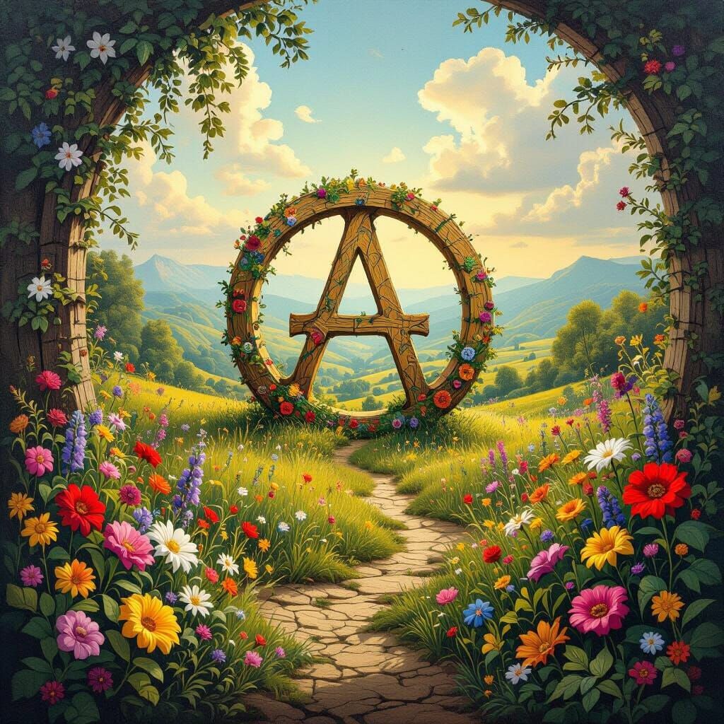 Surrealist Landscape with Anarchy Symbol in Paradise