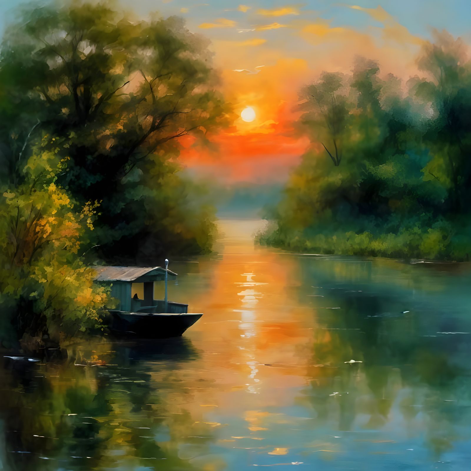 Impressionist Oil Painting of a Serene Lake Scene