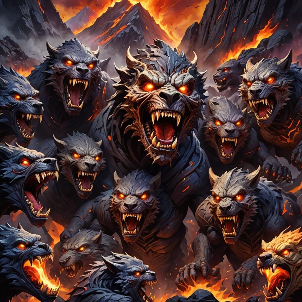 Fiery Mummy Head Surrounded by Werewolves