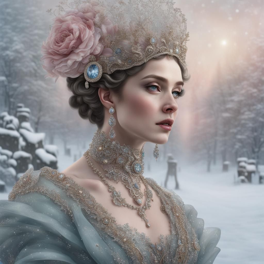 Glass Victorian Woman with Jewels in Snow