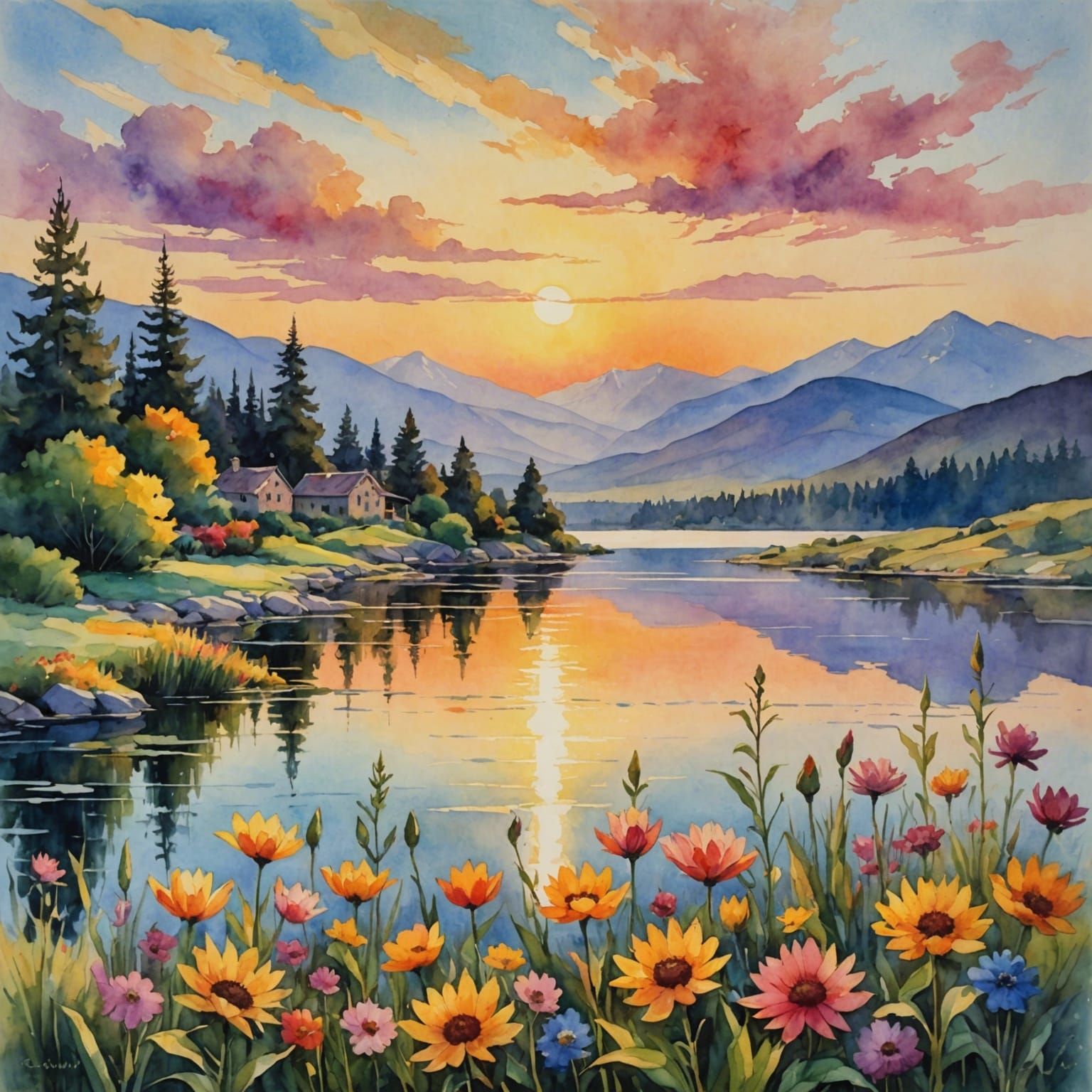 Lake Sunset: Impressionist Watercolor Masterpiece