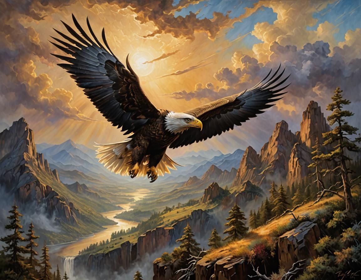 Ethereal Eagle Gliding Over Fantasy Landscape