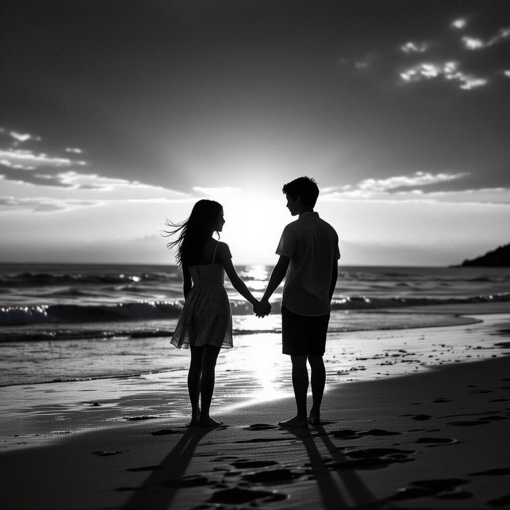 Couple Holding Hands on Beach at Sunset in Black and White