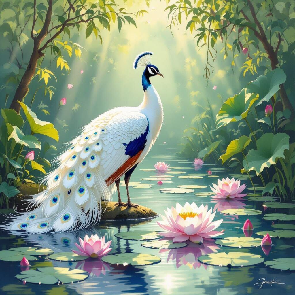 White Peacock by Lotus Pond: Lyrical Abstraction
