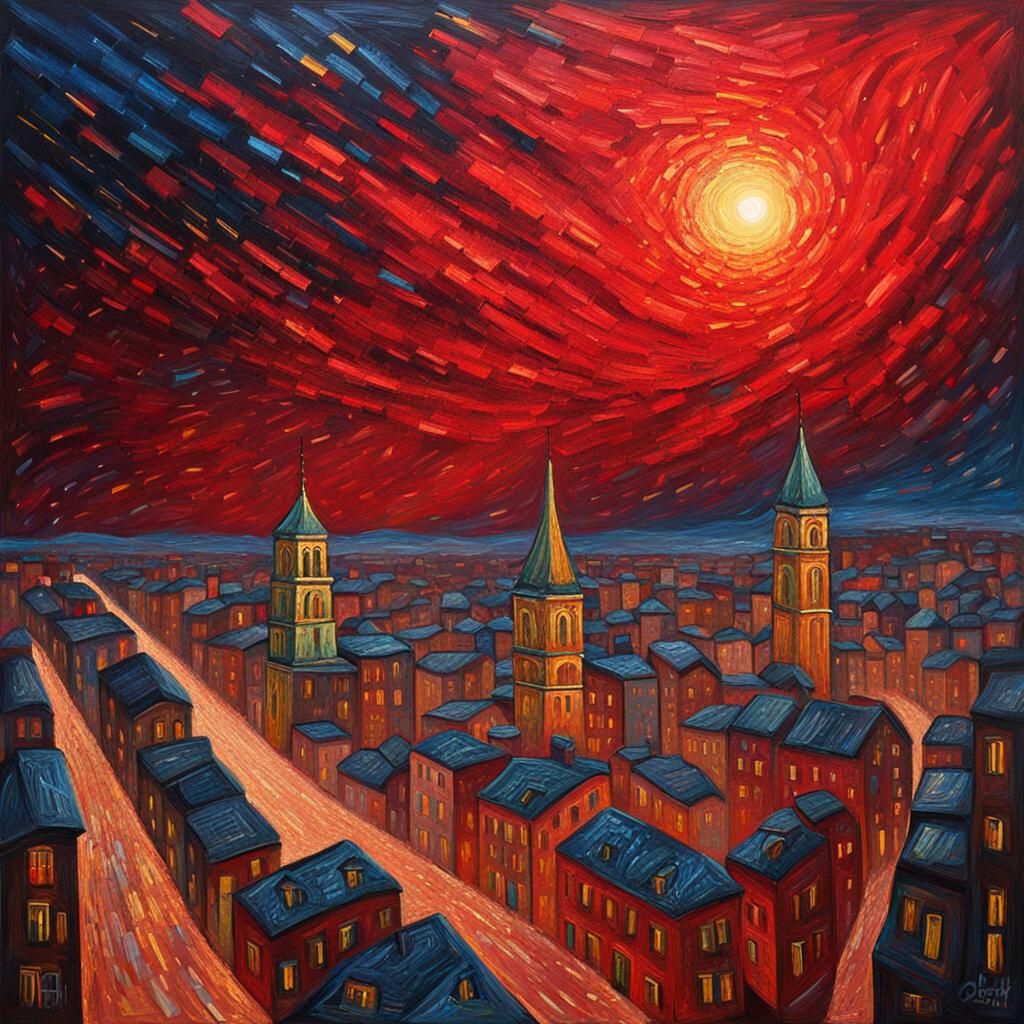 Red Comet Soars Over City at Night
