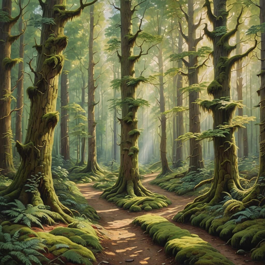 Lush Forest Path in Oil Painting Style