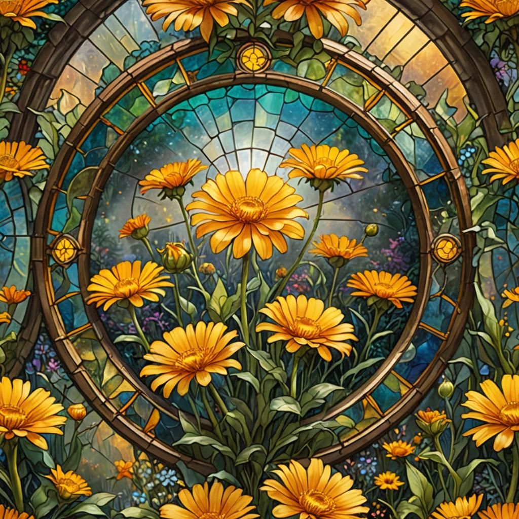 Stained Glass Calendula Flower: Digital Matte Painting