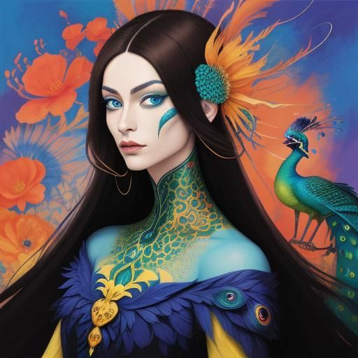Dragon Peacock Woman in Abstract Garden Art