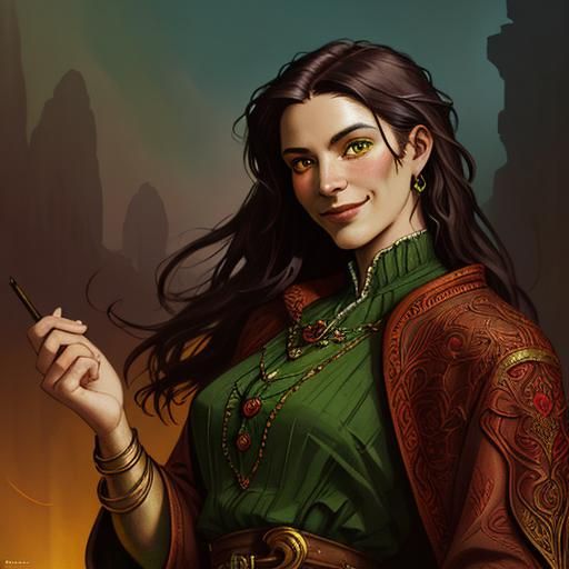 Charismatic Merchant Amidst Treasures in Dramatic Fantasy Ar...