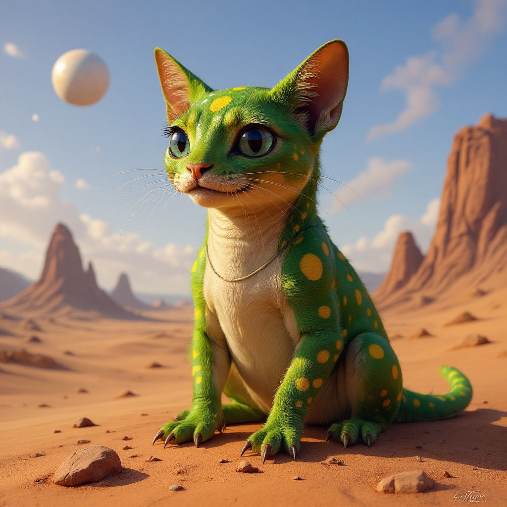 Green Lizard-Cat Hybrid with Blue Eyes on Alien Desert