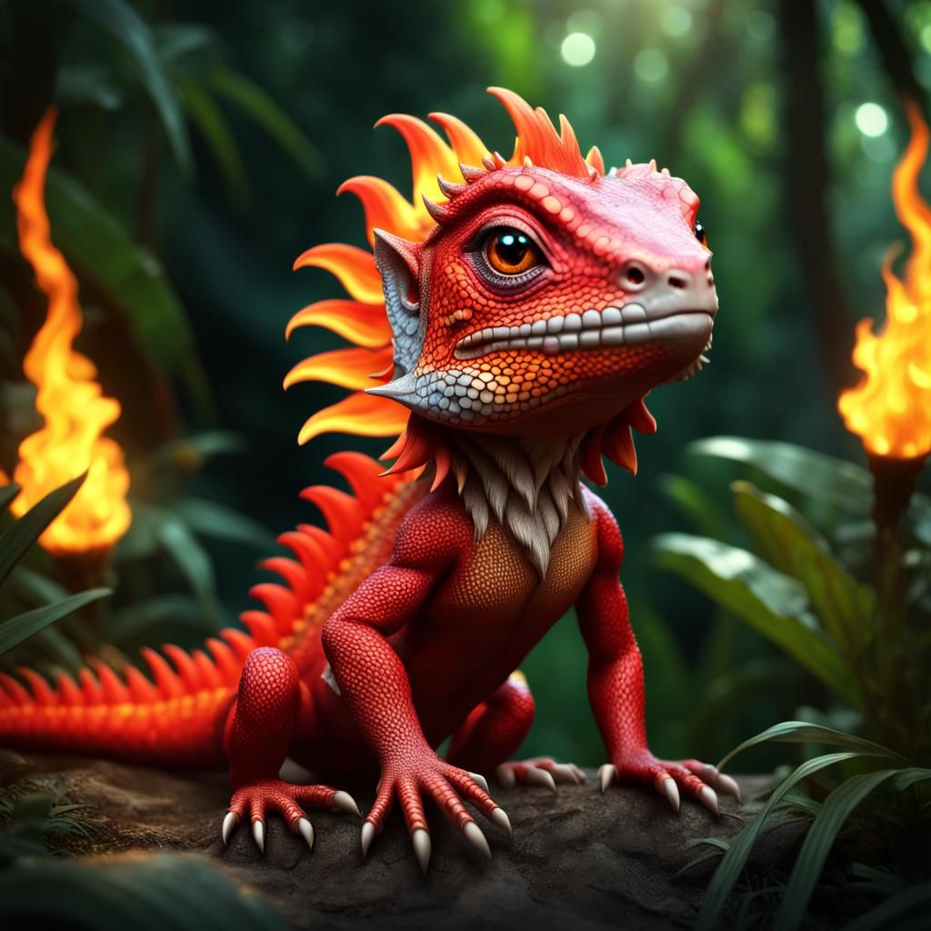 Fiery Chibi Iguana in Jungle, CGI Render
