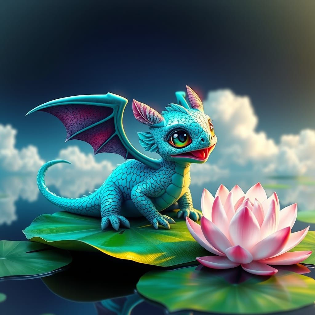 Turquoise Dragon Song in Lotus Pond: Digital Art