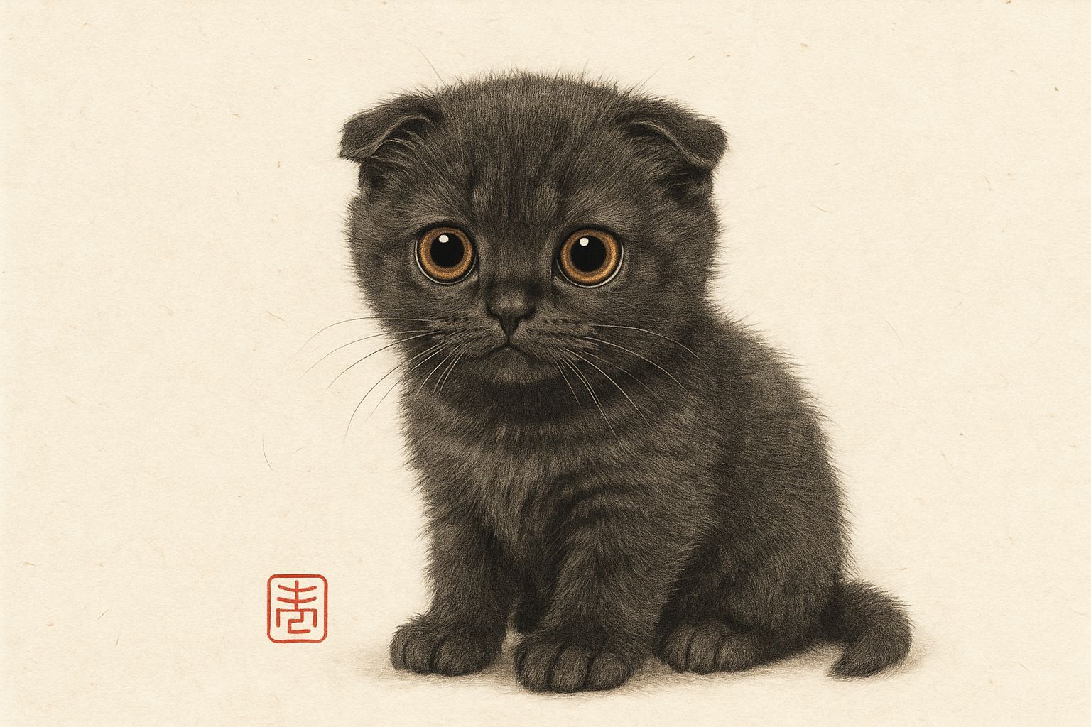 Realistic Japanese Drawing of a Black Scottish Fold Cat