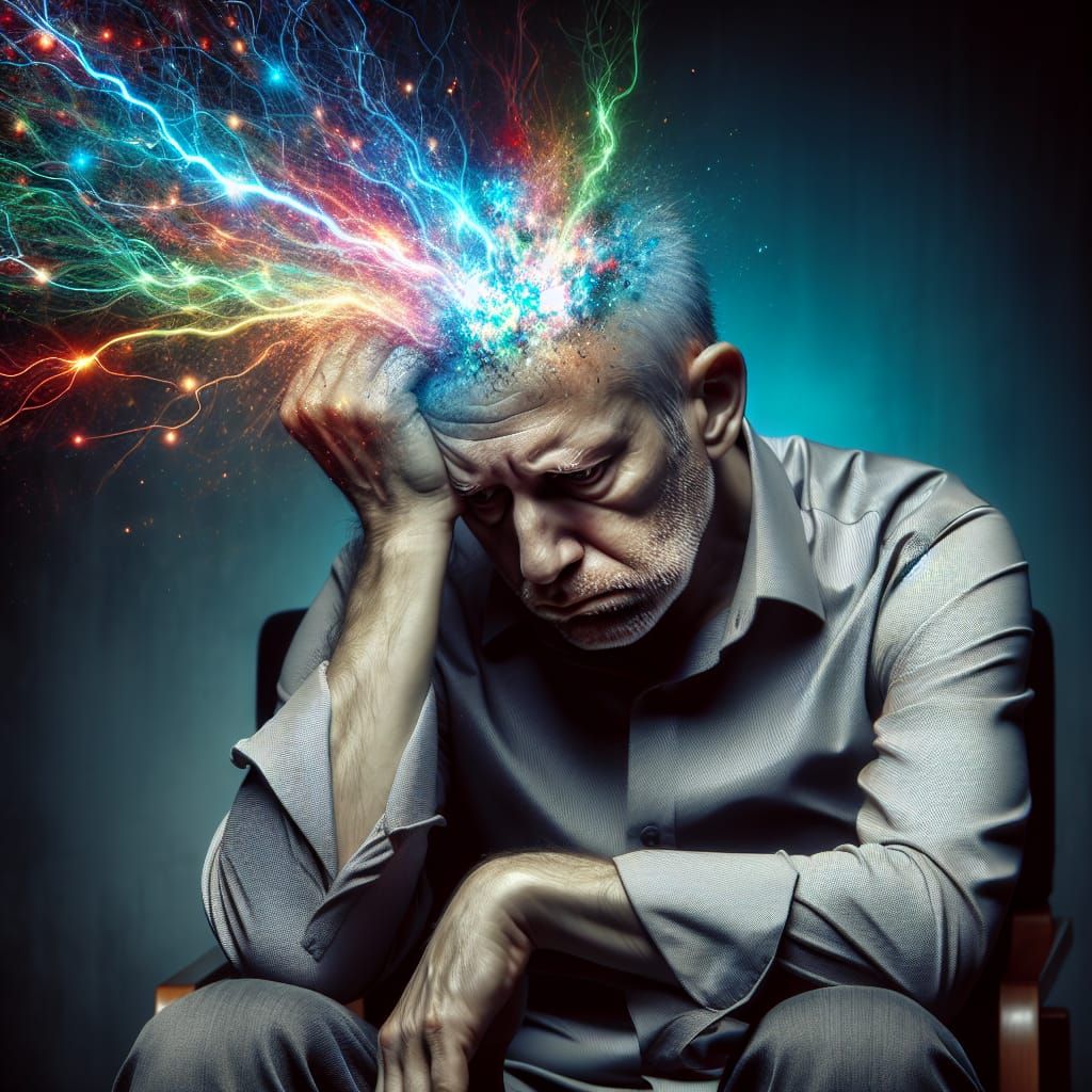 Man Experiencing Mental Anguish with Electric Lights