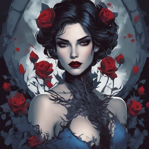 Vampire Woman Portrait with Black Roses in Royo Style