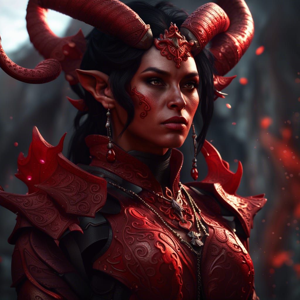 Red Tiefling Portrait in Detailed Fantasy Art