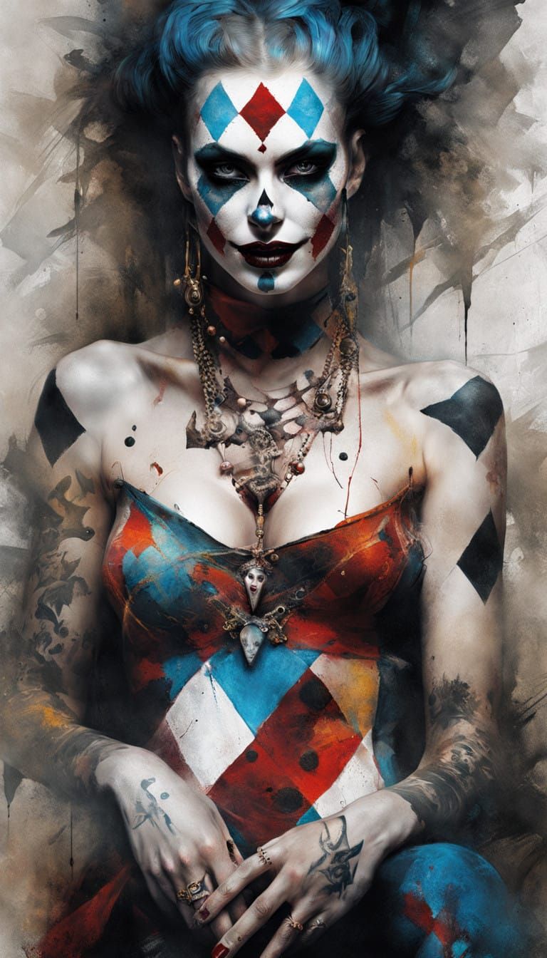 Vibrant Harlequin Maiden with Muscular Tattooed Body