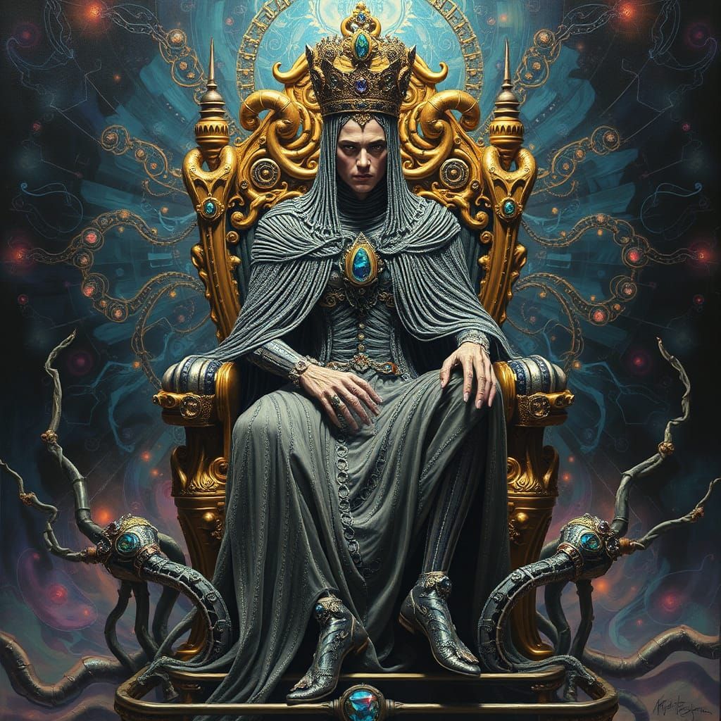 Biomechanical God on Throne in Futuristic Industrial Style