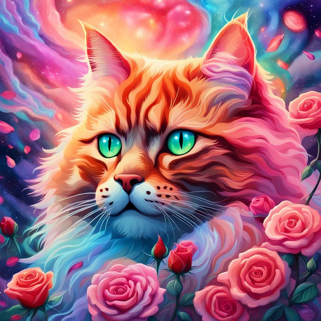 Cosmic Ginger Cat Surrounded by Roses