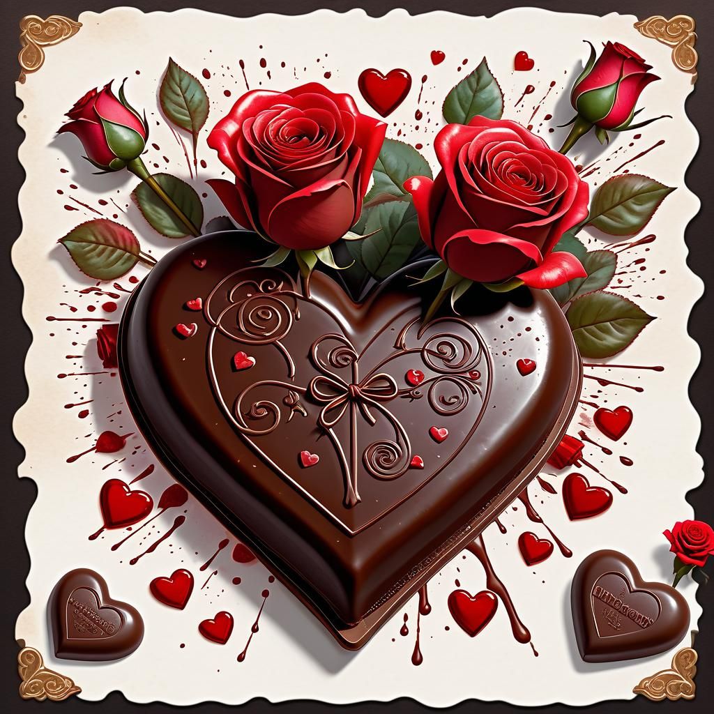 Heart Chocolates and Roses in Watercolor Style