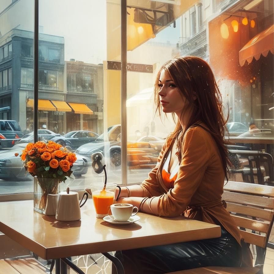 Cafe Scene: Woman with Coffee, Splash Art Style
