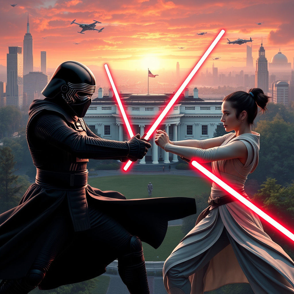 Lightsaber Battle at a Futuristic White House