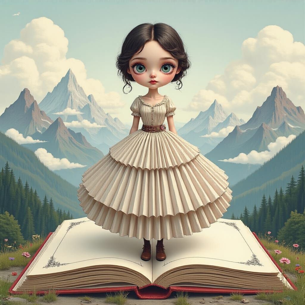 Whimsical Heroine on Pop-Up Book Page with Mountains