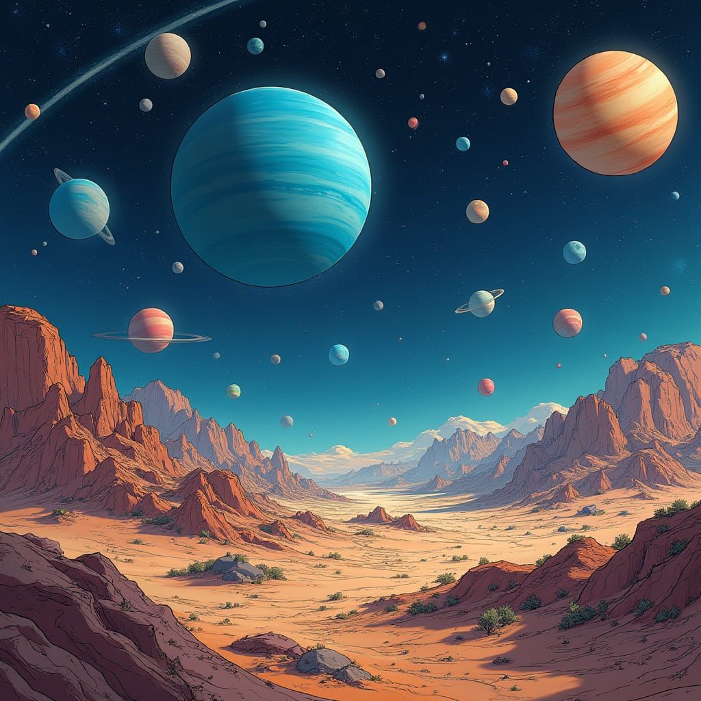 Celestial Worlds in Vibrant Hues Set Against Deep Blue Backd...