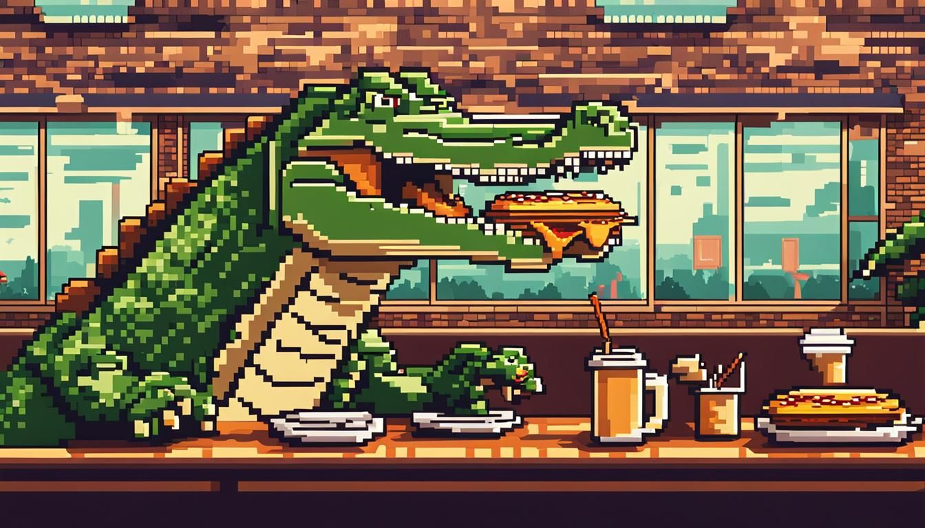 Crocodile Enjoys Burger: Pixel Art Cafe Scene