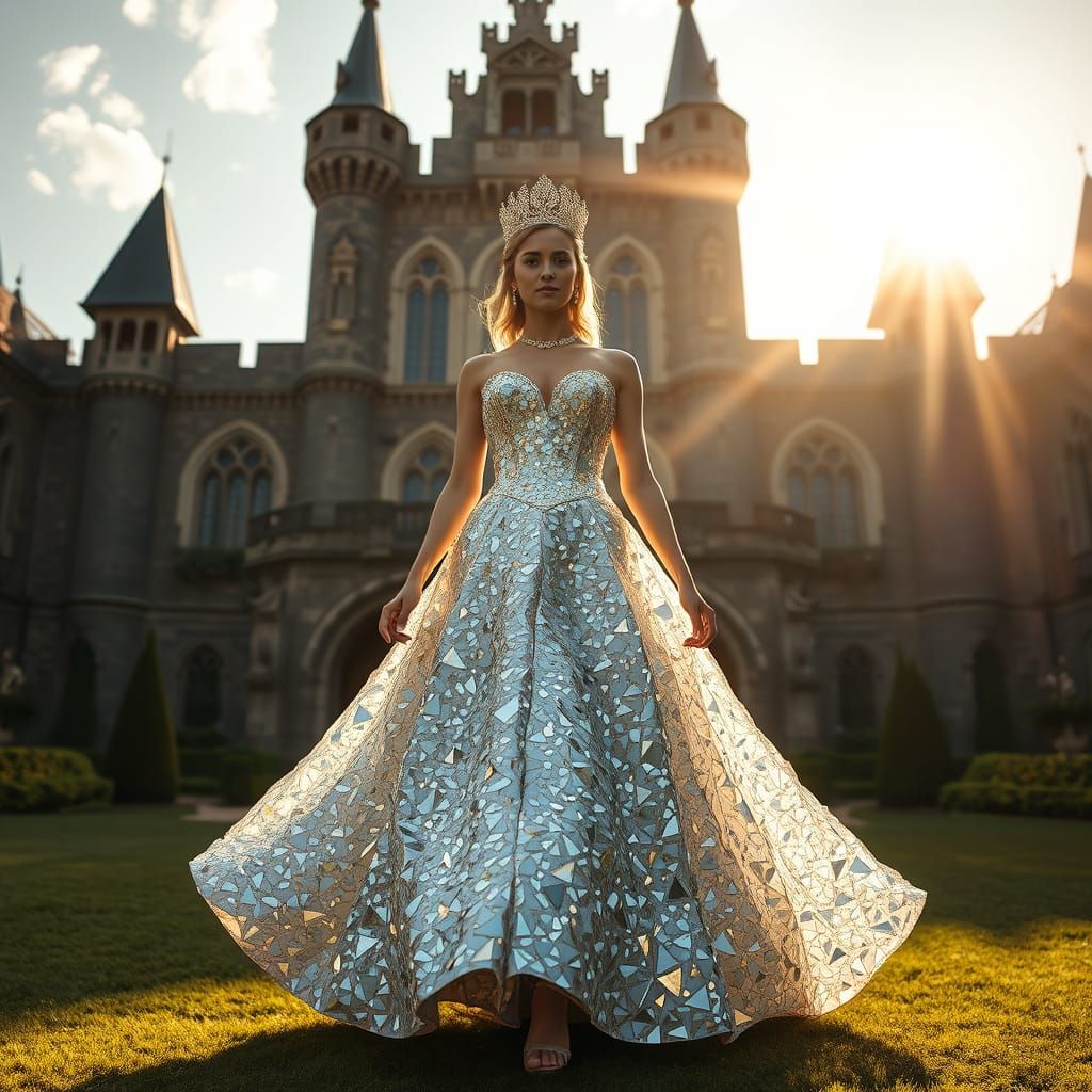 Princess in Mirror Dress Emerges from Castle